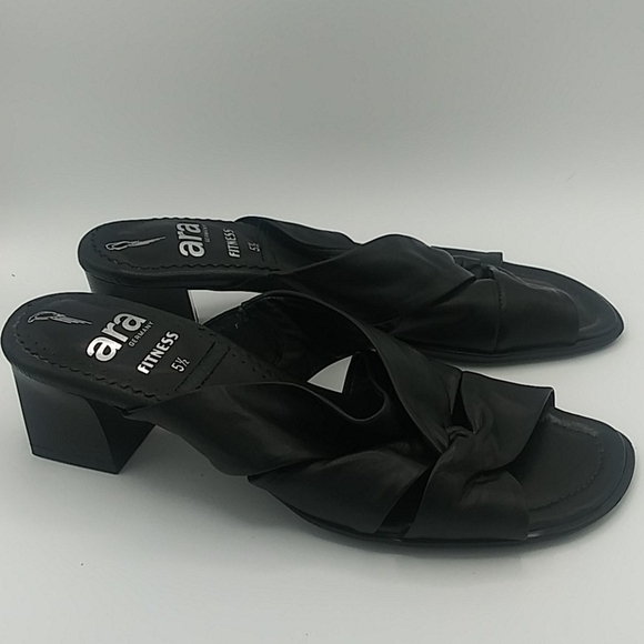 ARA Germany Fitness Black Leather Round Open Toe Blocked Heel Slip On Sandals - Picture 4 of 14
